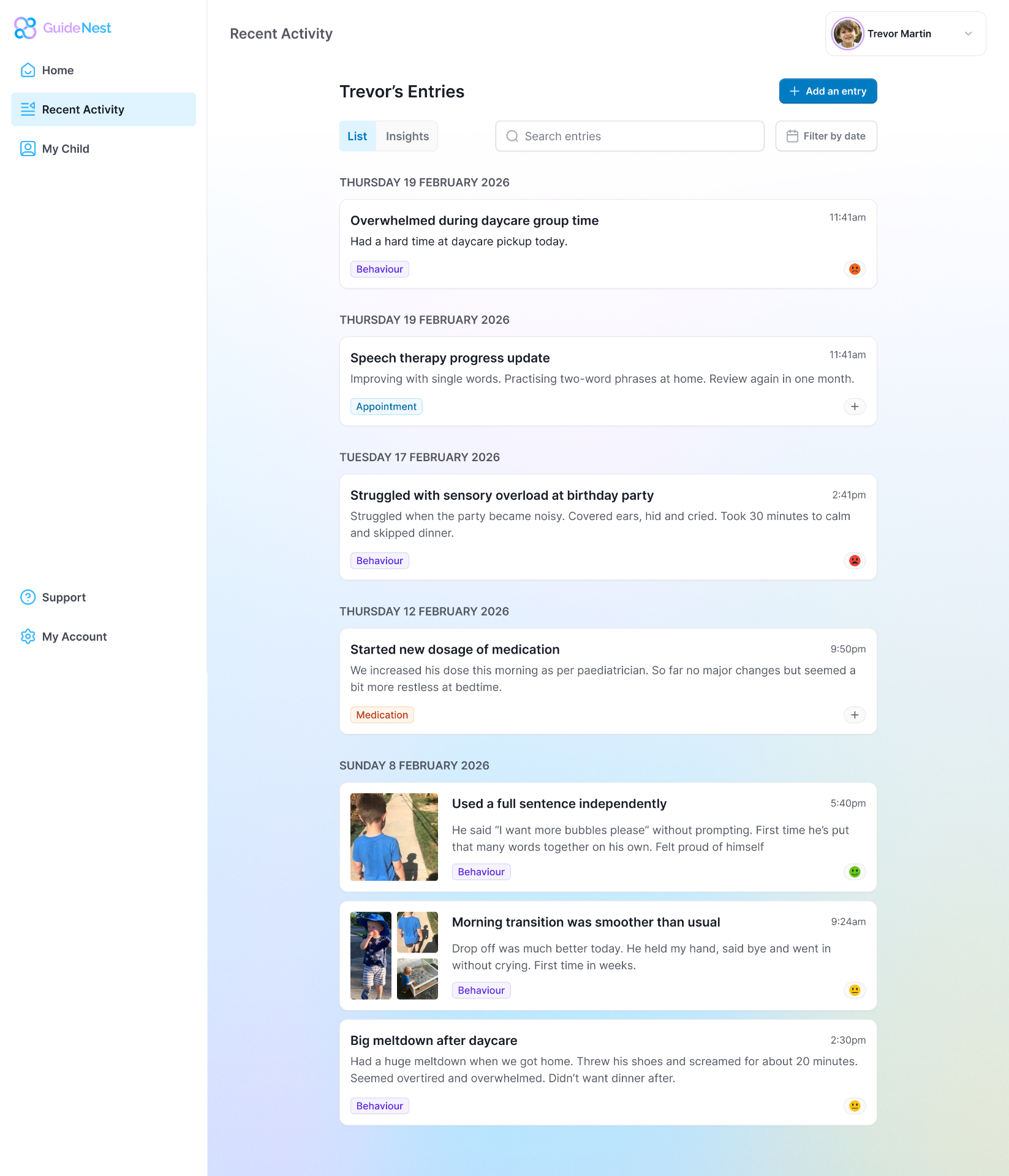 GuideNest — Recent Activity timeline for Trevor